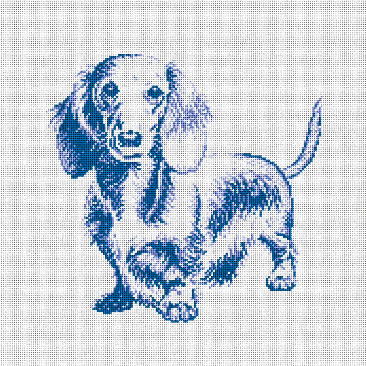 Vintage Blue Toile Long-Haired Dachshund 6"x6"